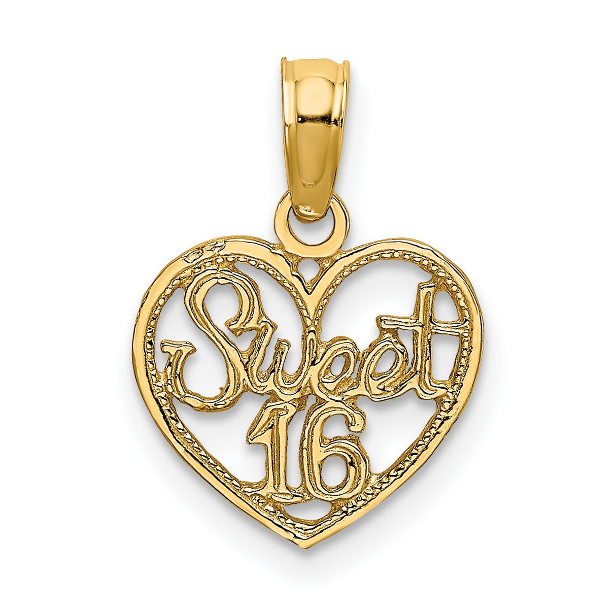 14k Yellow Gold Heart Pendant with Sweet 16 Script, Milestone Charm for Teen Girls