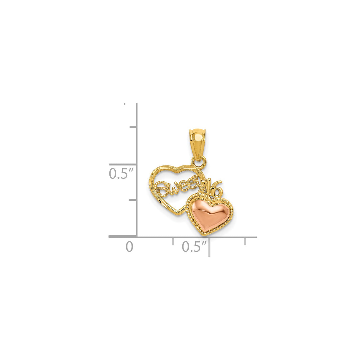 14k Two-Tone Gold Sweet 16 Pendant with Dual Heart and Rose Gold Accent