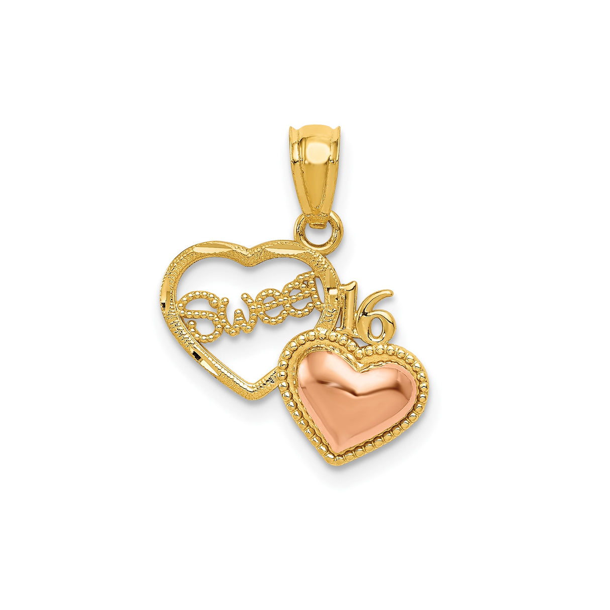 14k Two-Tone Gold Sweet 16 Pendant with Dual Heart and Rose Gold Accent