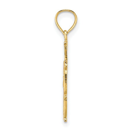 14k Yellow Gold MOM Pendant with Textured Floral Design, Vertical Motherhood Charm
