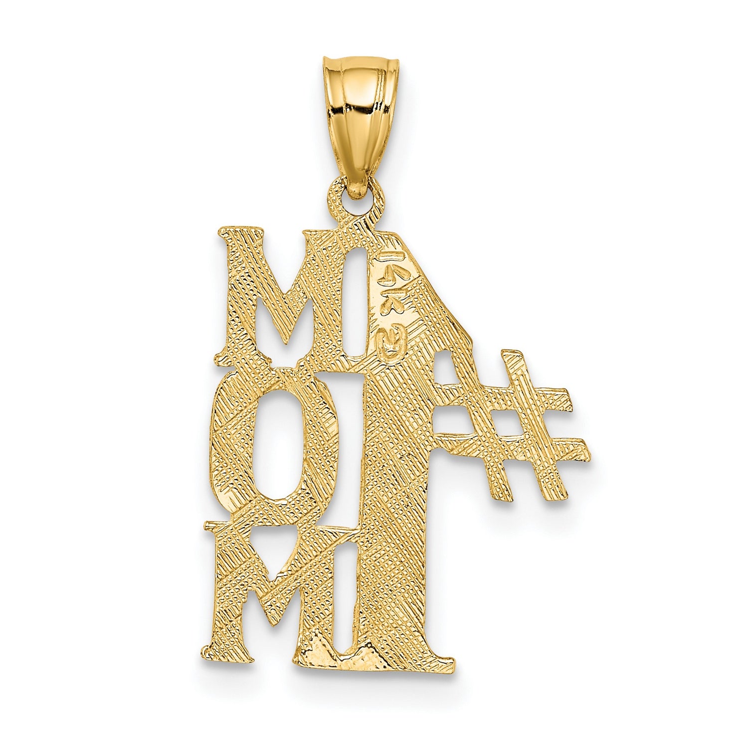 14k Yellow Gold MOM Pendant with Textured Floral Design, Vertical Motherhood Charm