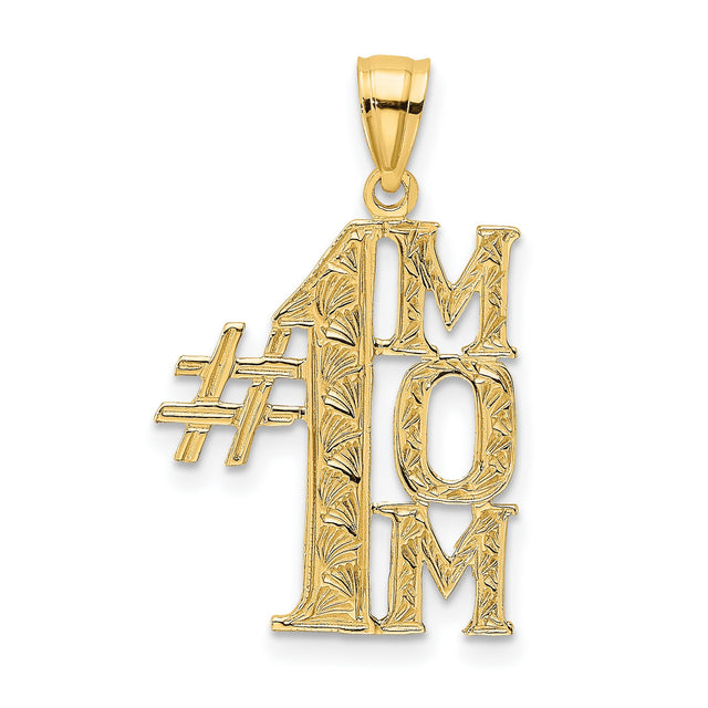 14k Yellow Gold MOM Pendant with Textured Floral Design, Vertical Motherhood Charm