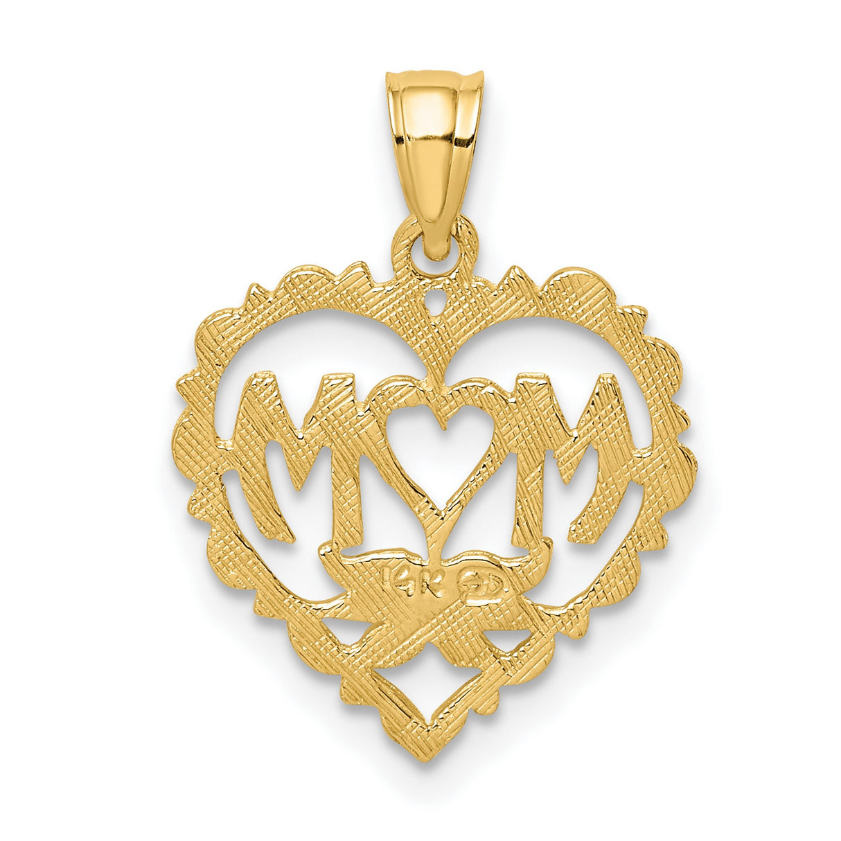 14k Yellow Gold Heart Pendant with MOM Lettering and Floral Accent