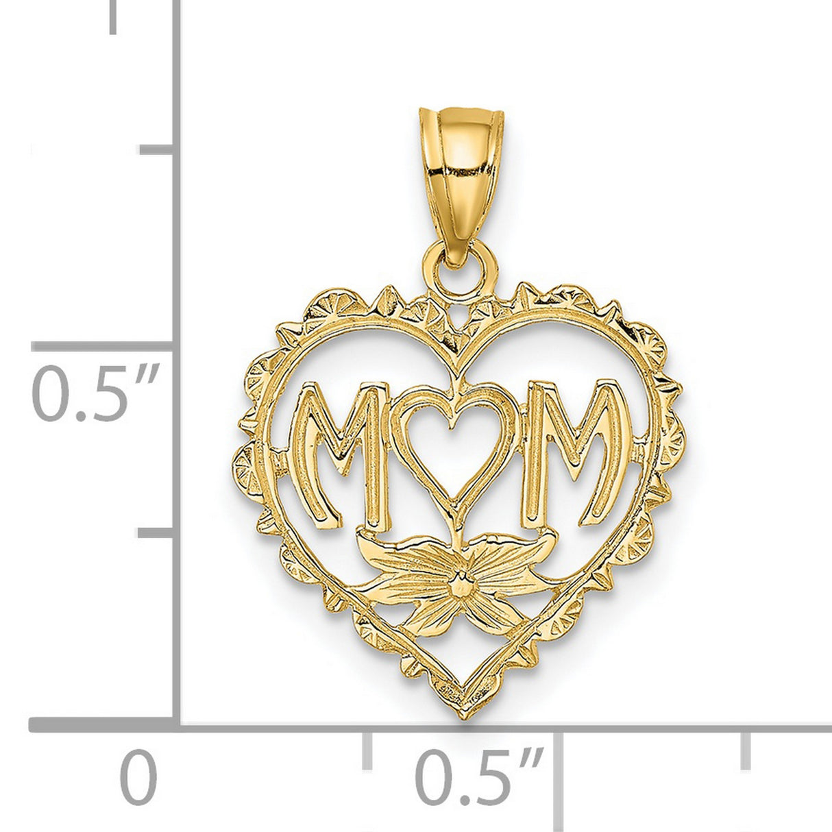 14k Yellow Gold Heart Pendant with MOM Lettering and Floral Accent