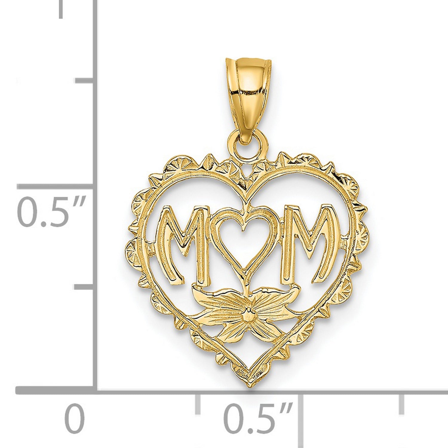 14k Yellow Gold Heart Pendant with MOM Lettering and Floral Accent