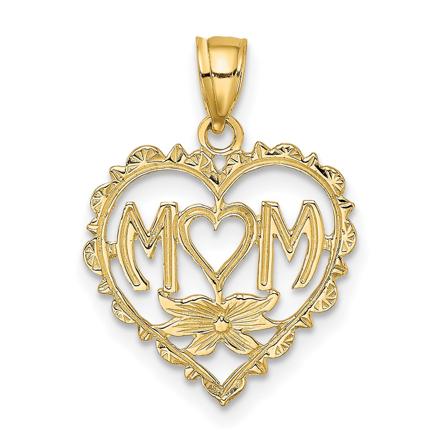 14k Yellow Gold Heart Pendant with MOM Lettering and Floral Accent