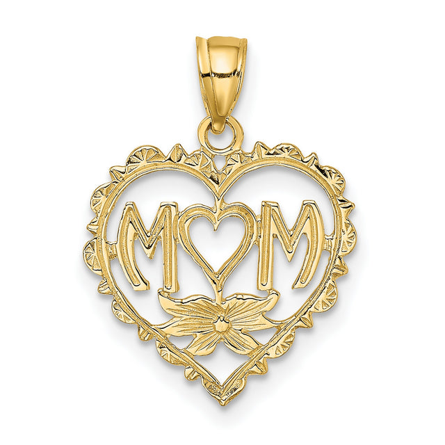 14k Yellow Gold Heart Pendant with MOM Lettering and Floral Accent