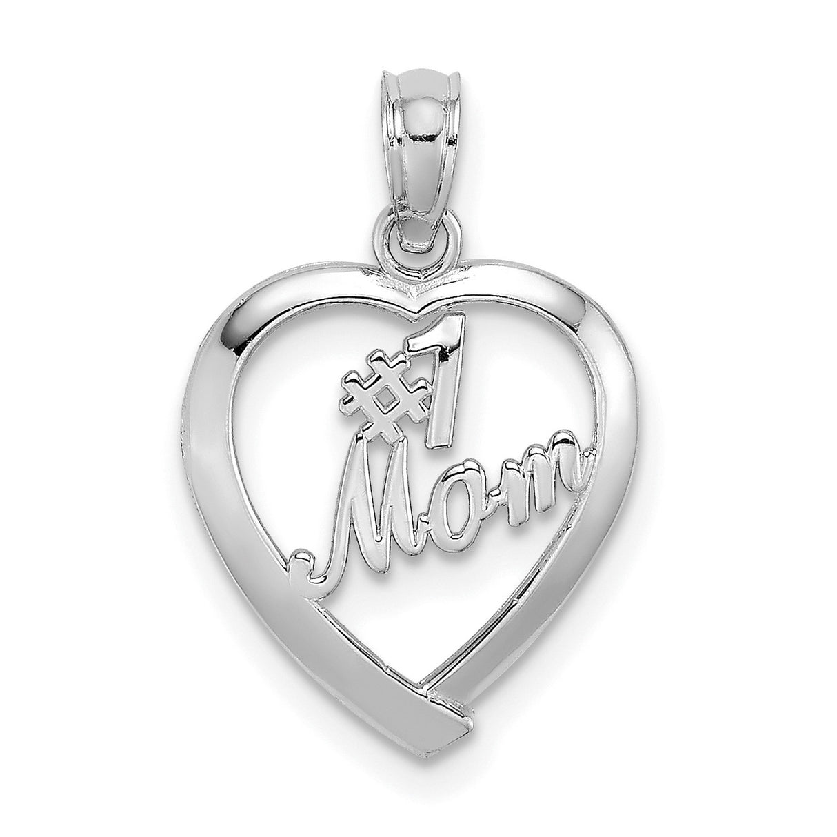 14k White Gold Heart Pendant with Number One Mom Inscription, Symbol of Love and Family