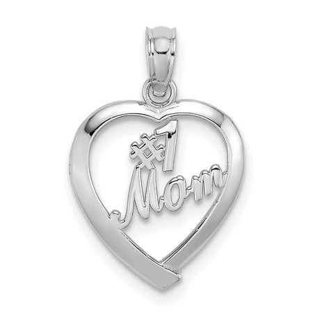 14k White Gold Heart Pendant with Number One Mom Inscription, Symbol of Love and Family