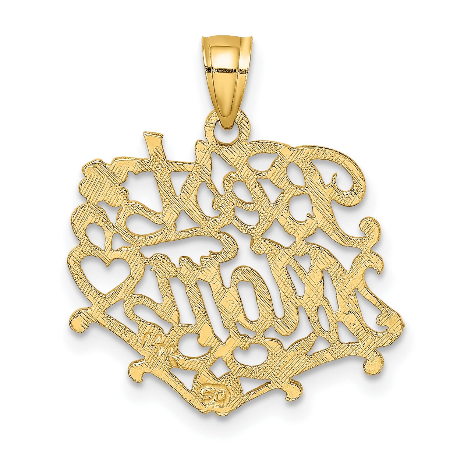 14k Yellow Gold Pendant with Ornate Mom Script, Floral and Heart Accents