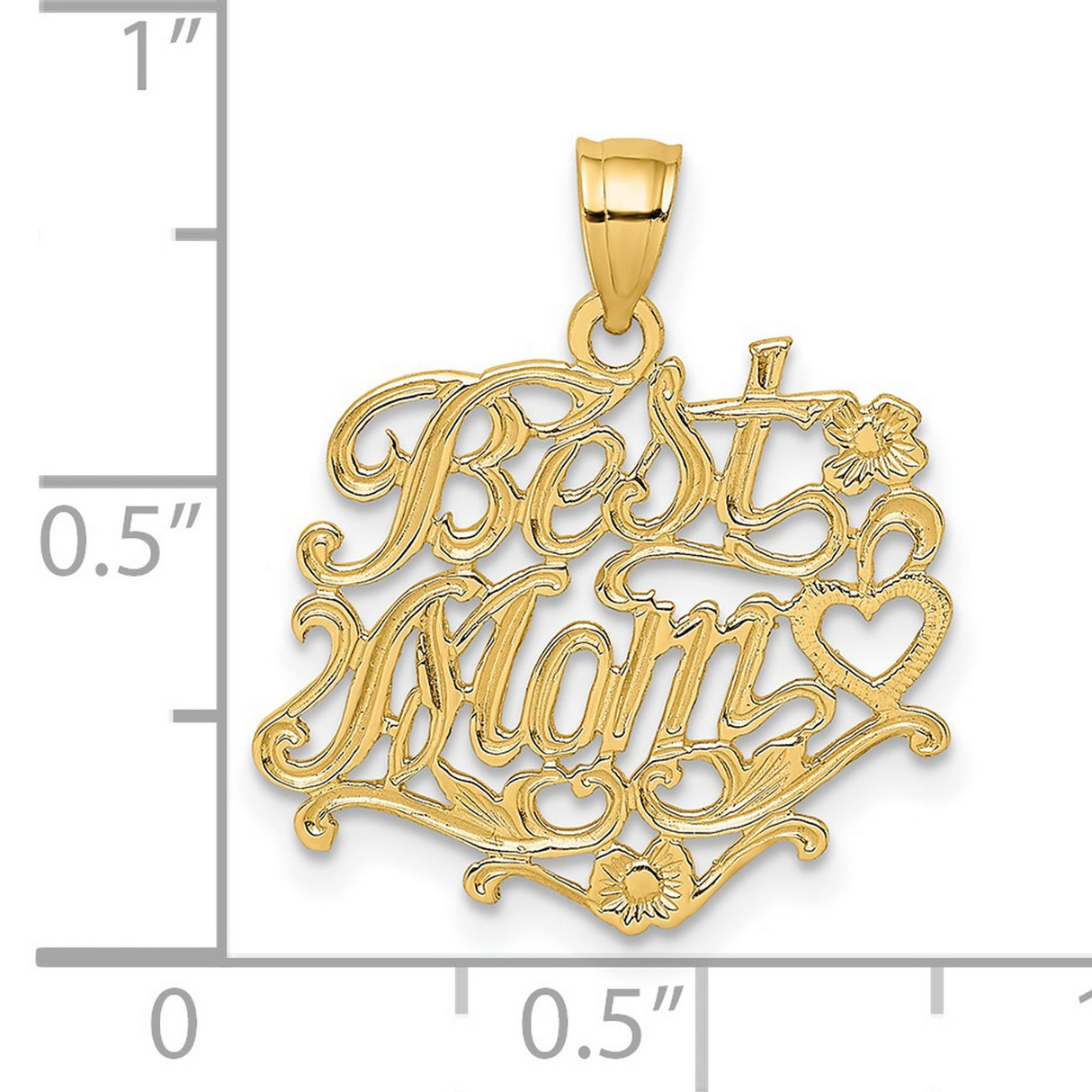 14k Yellow Gold Pendant with Ornate Mom Script, Floral and Heart Accents