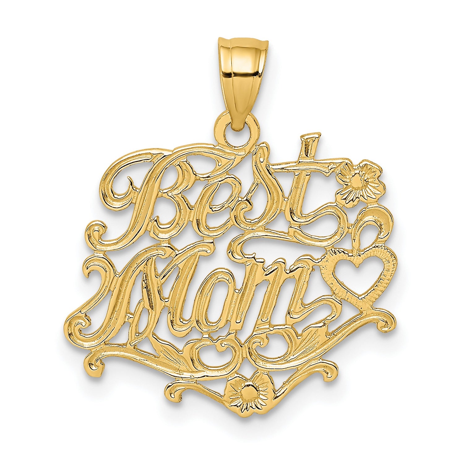 14k Yellow Gold Pendant with Ornate Mom Script, Floral and Heart Accents
