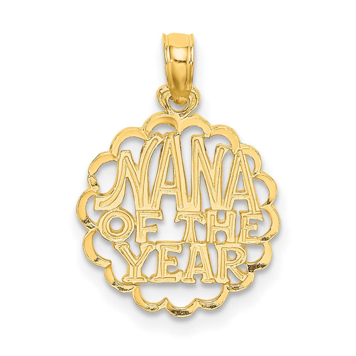 14k Yellow Gold Nana of the Year Pendant with Scalloped Edge and Openwork Lettering