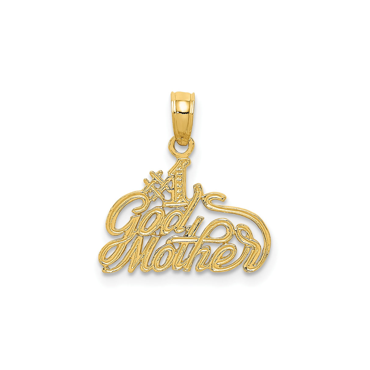 14k Yellow Gold Godmother Pendant with Crown Detail, Script Style Christian Charm