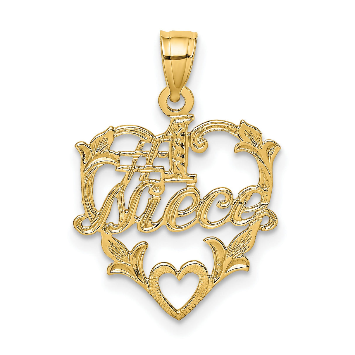 14k Yellow Gold Heart Pendant with Script Niece Message and Floral Cutout Design
