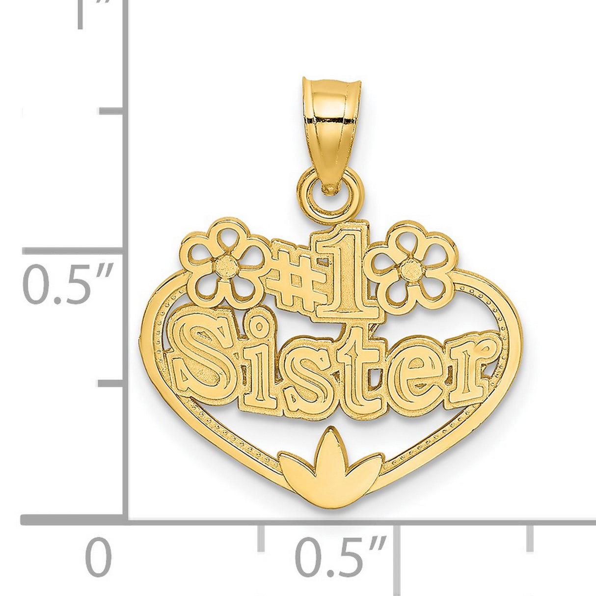 14k Yellow Gold Heart Pendant with Floral Accents and Number One Sister Message