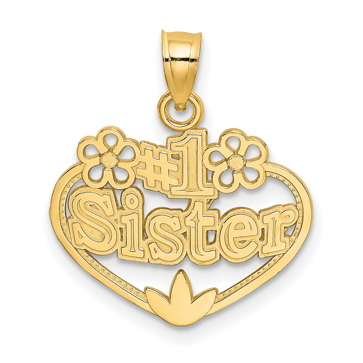 14k Yellow Gold Heart Pendant with Floral Accents and Number One Sister Message