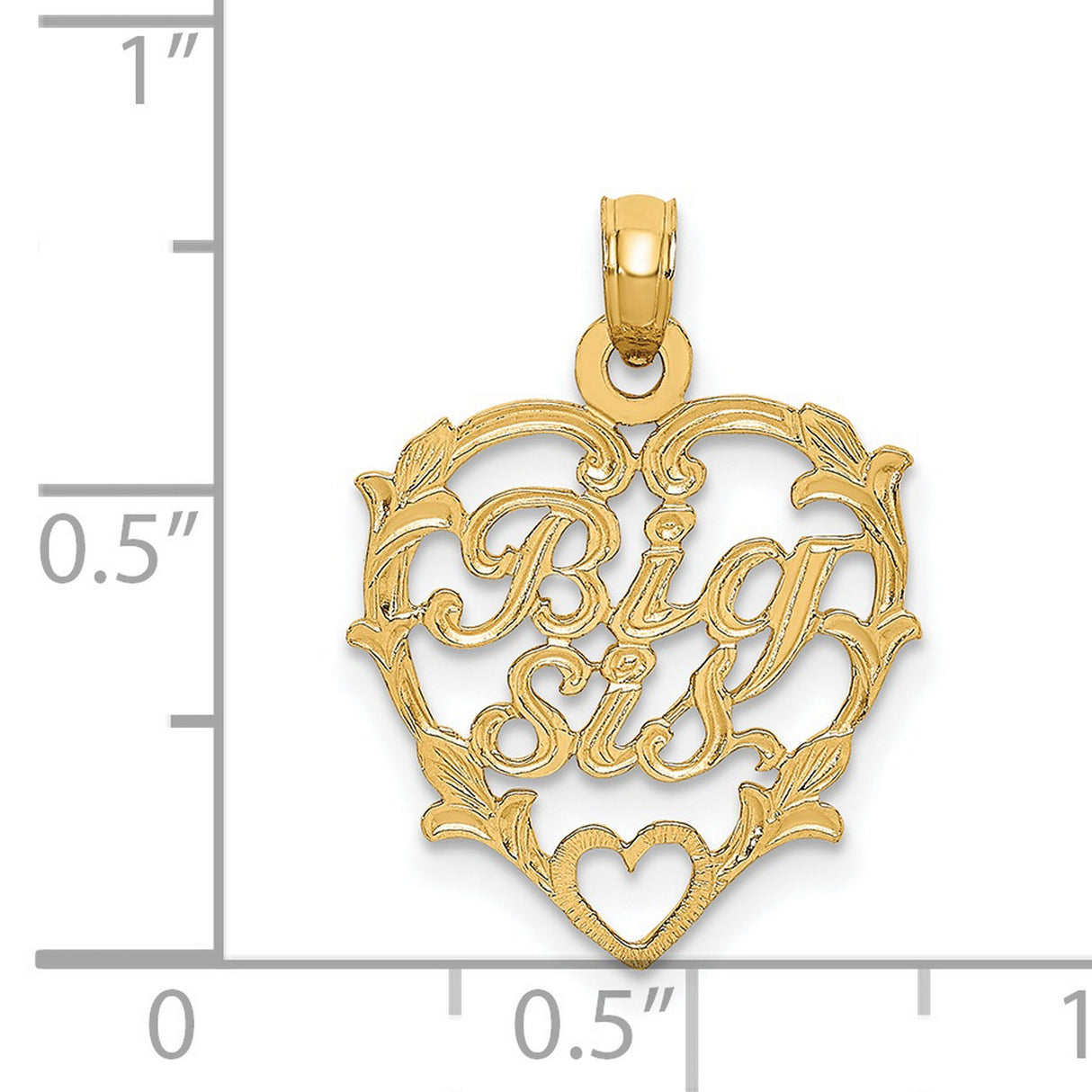 14k Yellow Gold Heart Pendant with Big Sis Script and Leaf Detail for Women