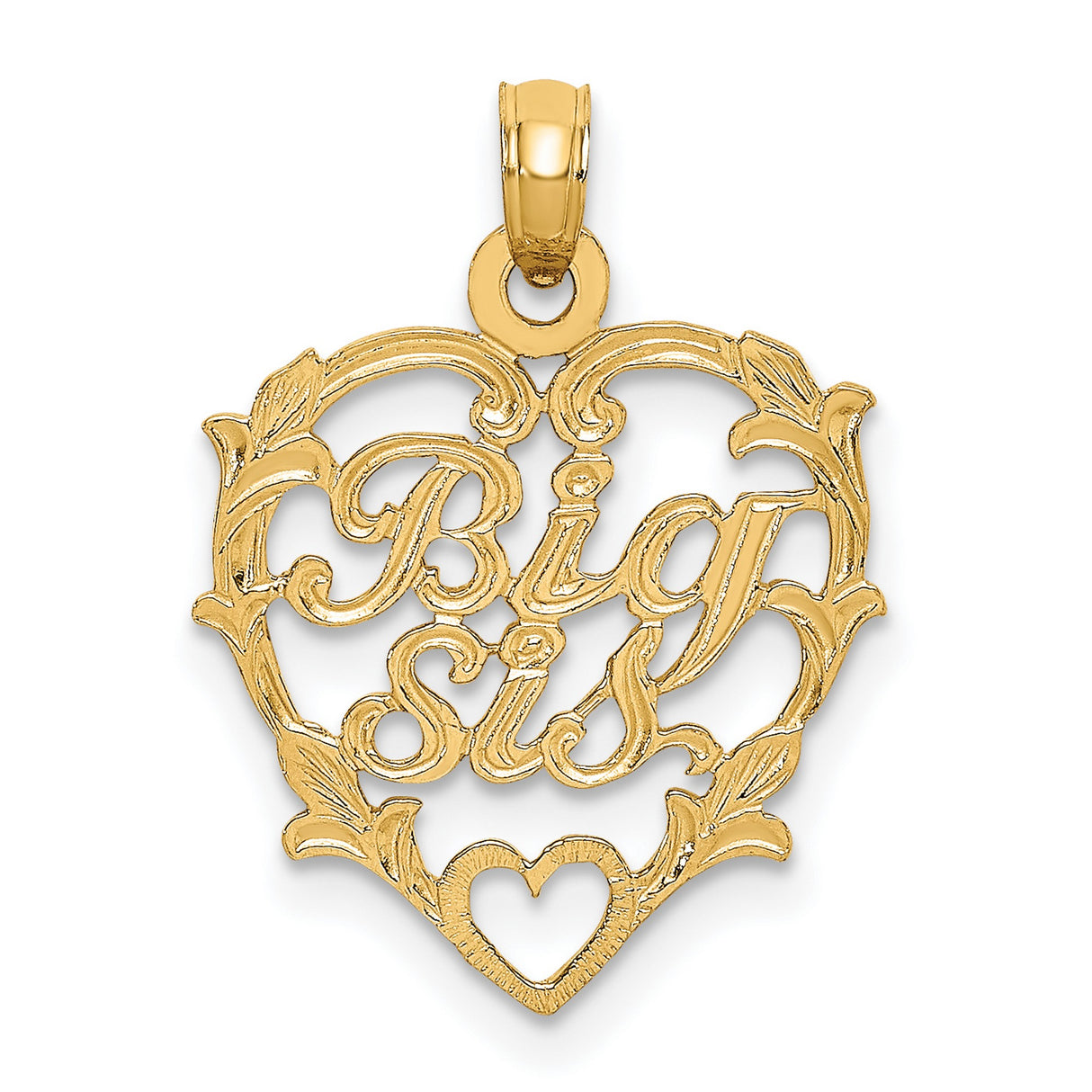 14k Yellow Gold Heart Pendant with Big Sis Script and Leaf Detail for Women
