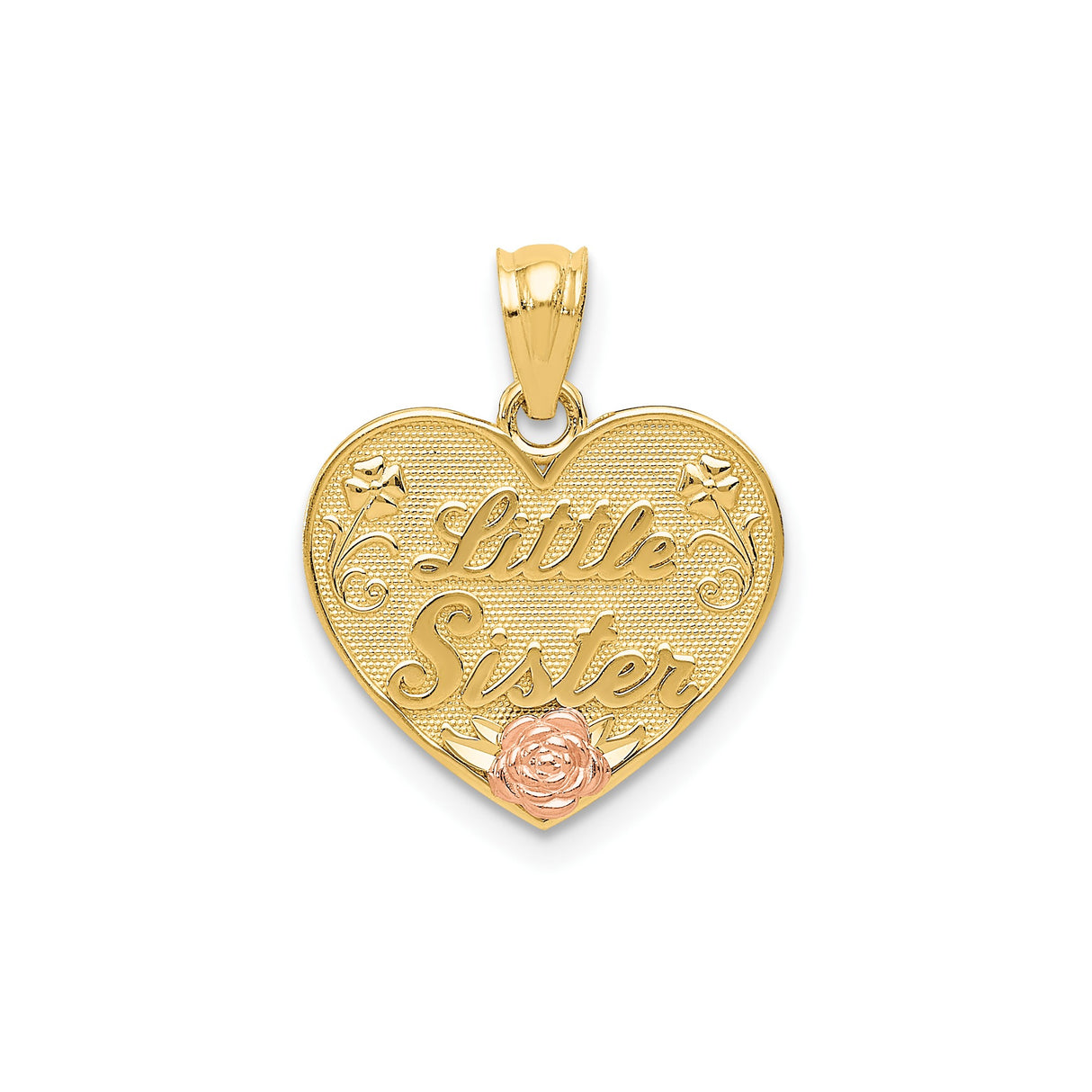 14k Two-Tone Gold Heart Pendant with Little Sister Engraving and Floral Accents