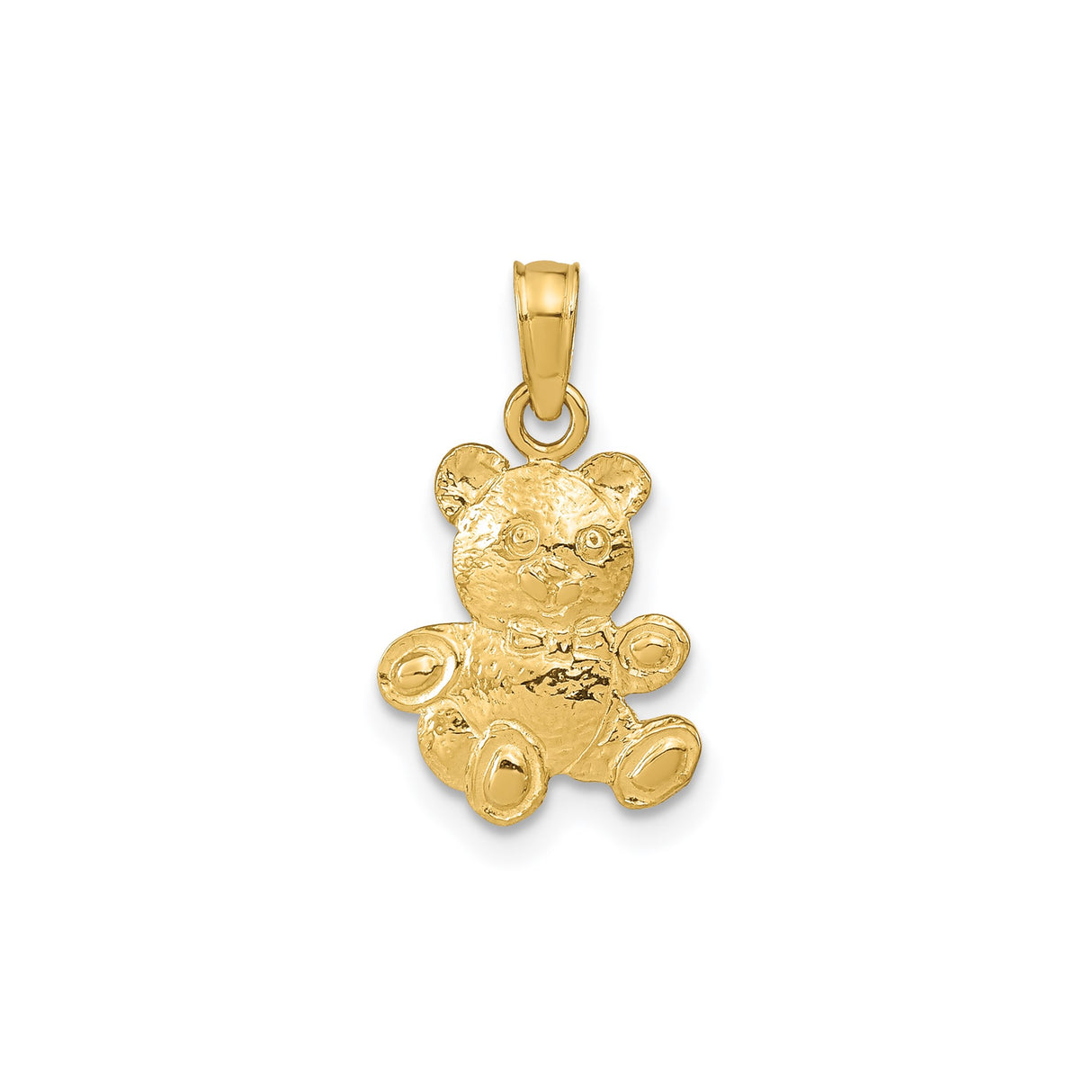 14k Yellow Gold Teddy Bear Pendant Charm with Textured Design and Bow Tie