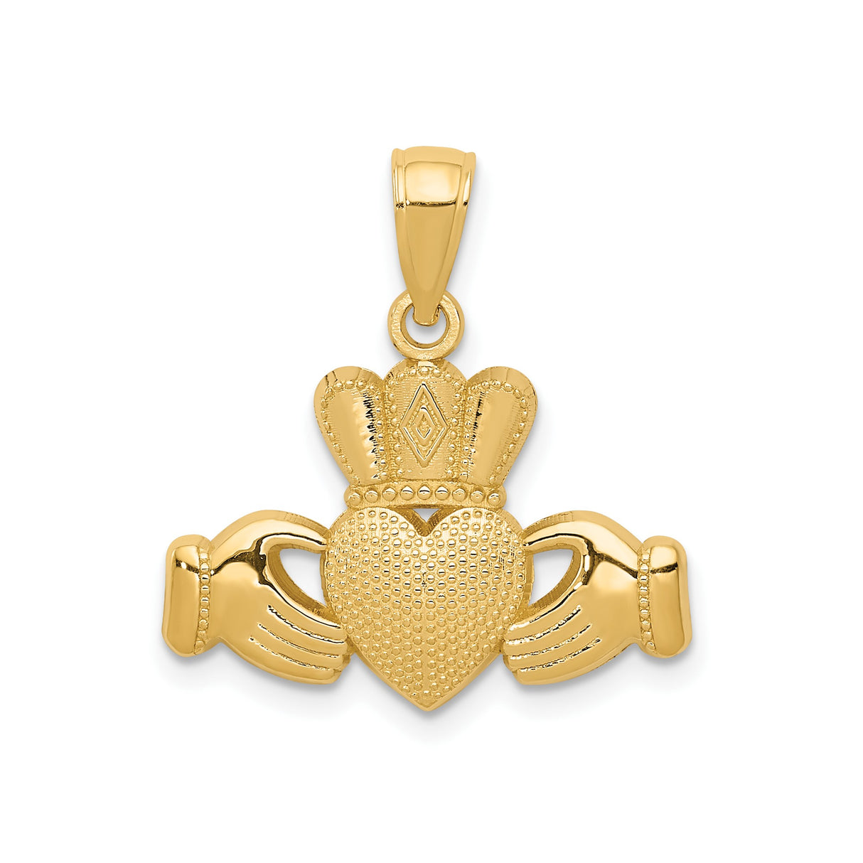14k Yellow Gold Claddagh Pendant with Heart, Hands, and Crown Symbol, Celtic Irish Jewelry for Women