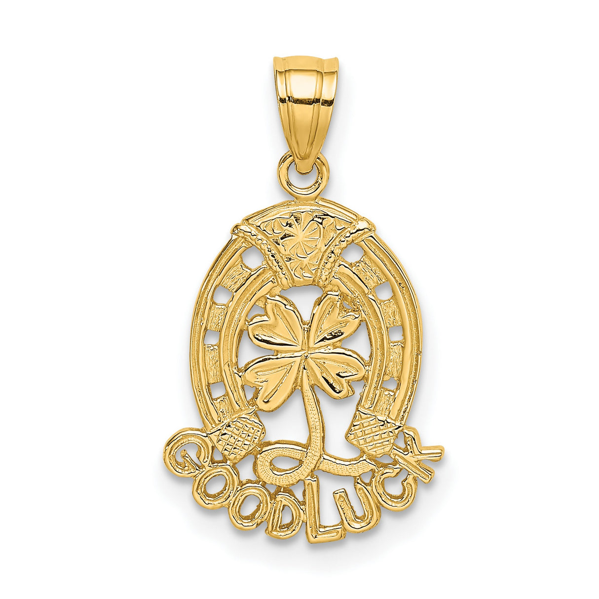 14k Yellow Gold Pendant with Horseshoe, Four-Leaf Clover, and Good Luck Engraving