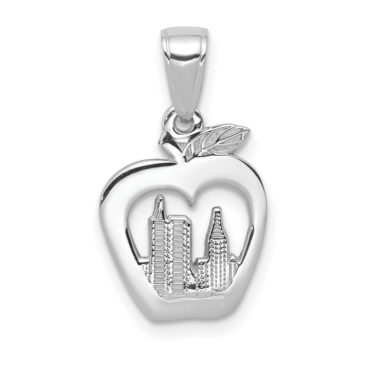 14k White Gold New York Skyline Apple Pendant Charm, NYC Architecture Design