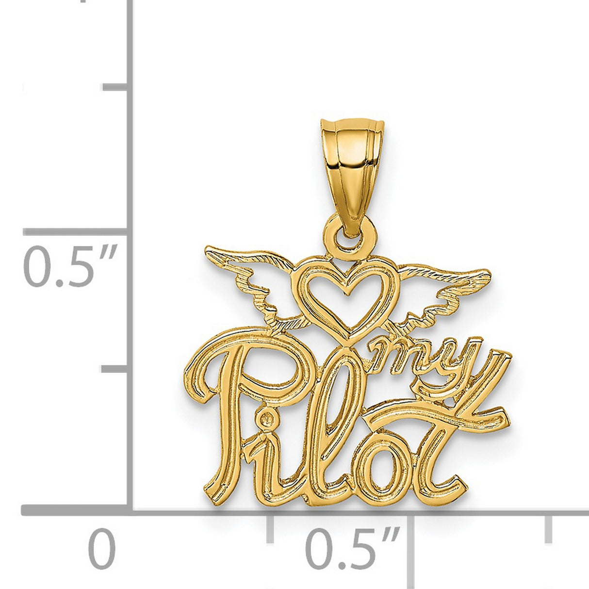 14k Yellow Gold My Pilot Pendant with Angel Wings and Heart, Aviation Tribute Charm