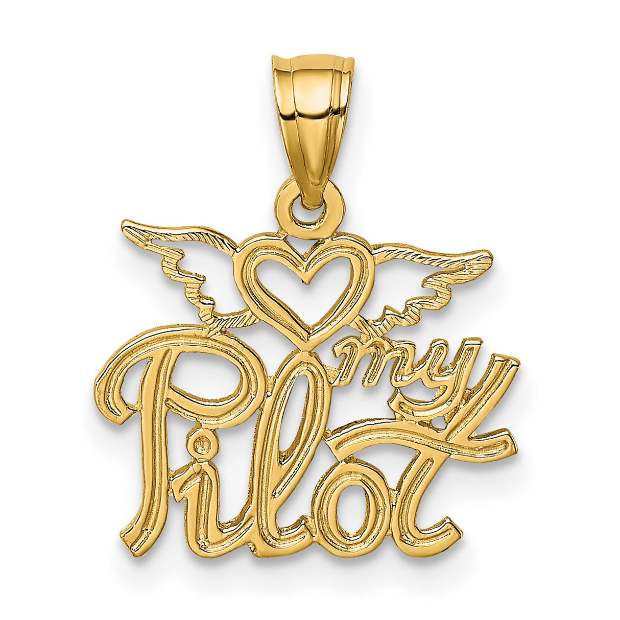 14k Yellow Gold My Pilot Pendant with Angel Wings and Heart, Aviation Tribute Charm