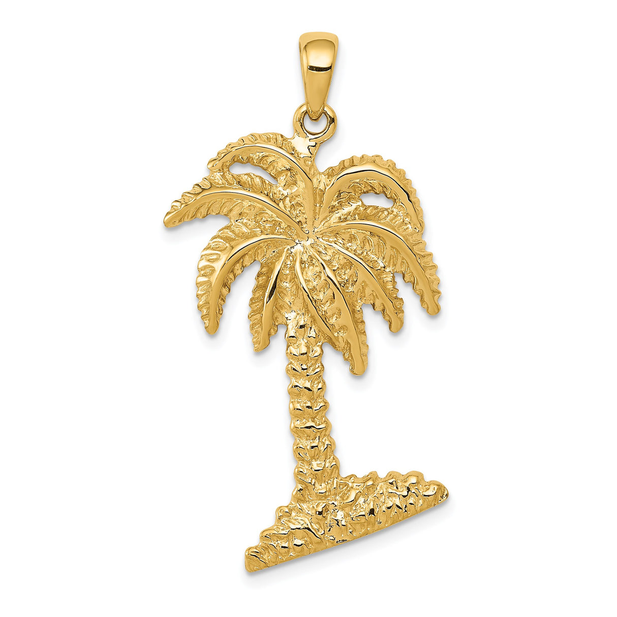 14k Yellow Gold Palm Tree Pendant, Textured Tropical Charm with Island Style for Women or Unisex Wear