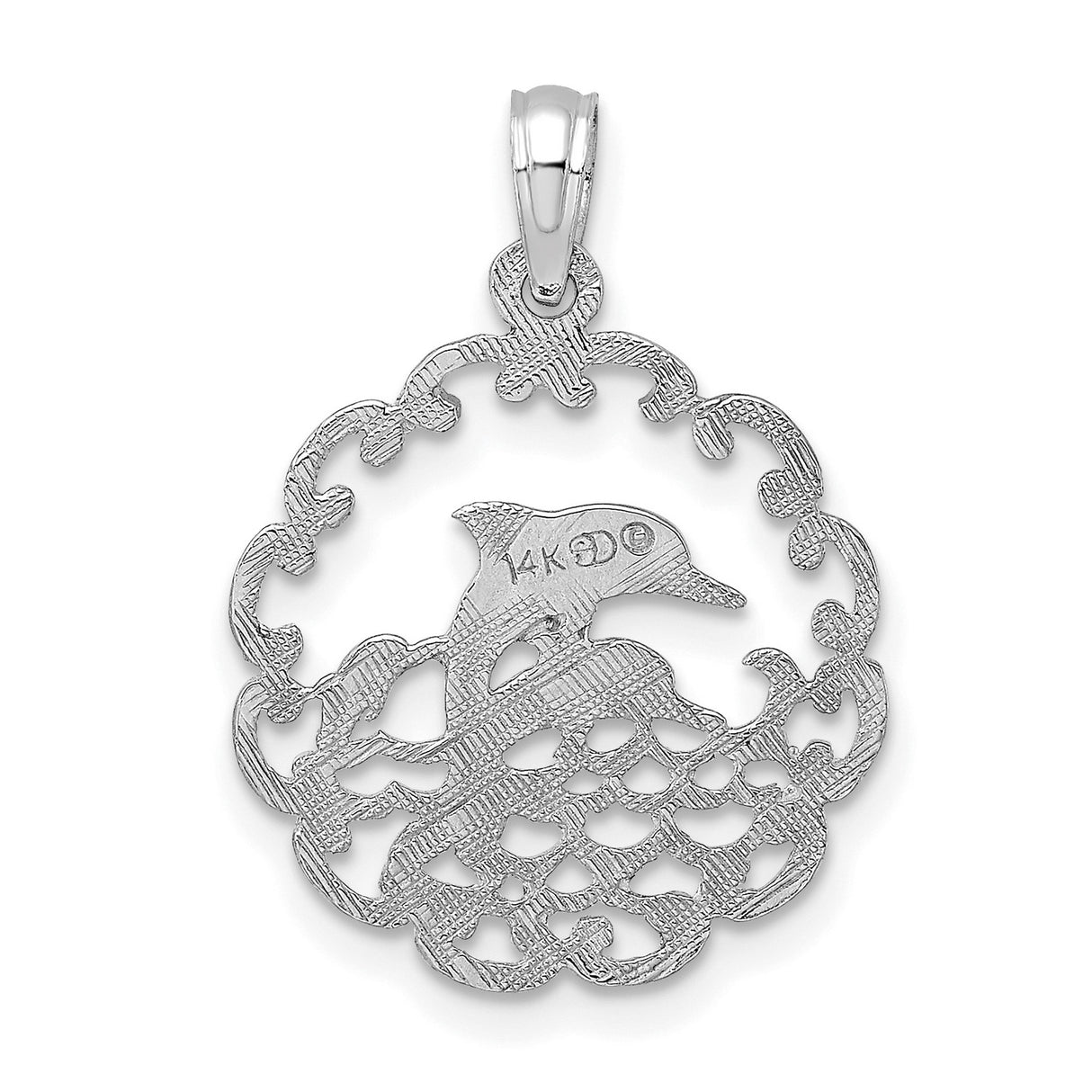 14k White Gold Dolphin Pendant with Two Dolphins and Waves in Open Circle Design
