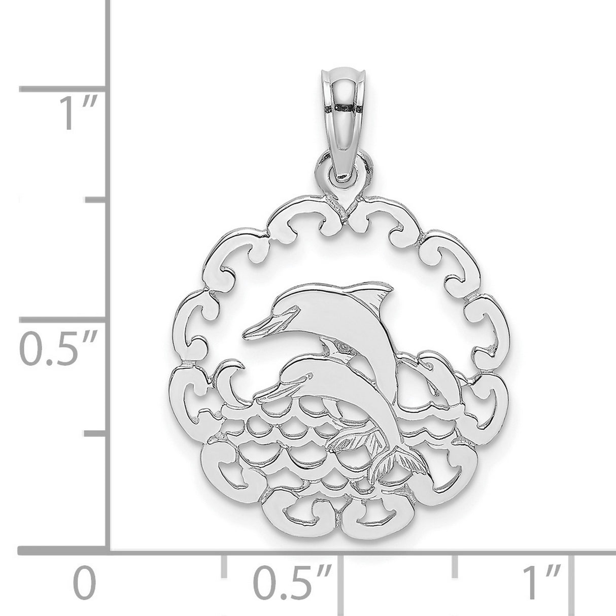 14k White Gold Dolphin Pendant with Two Dolphins and Waves in Open Circle Design
