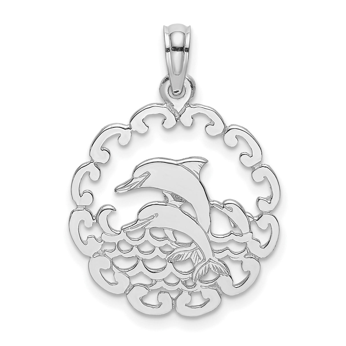 14k White Gold Dolphin Pendant with Two Dolphins and Waves in Open Circle Design