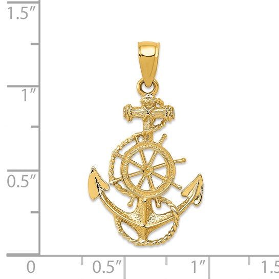 14k Yellow Gold Anchor Ship Wheel Pendant with Nautical Rope Design