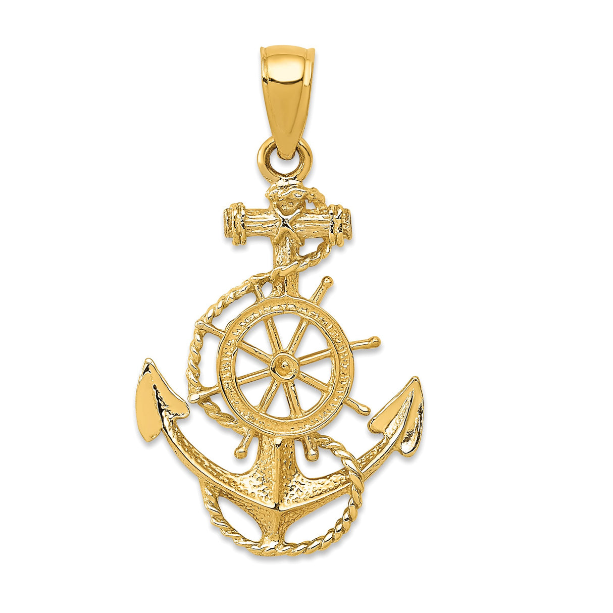 14k Yellow Gold Anchor Ship Wheel Pendant with Nautical Rope Design