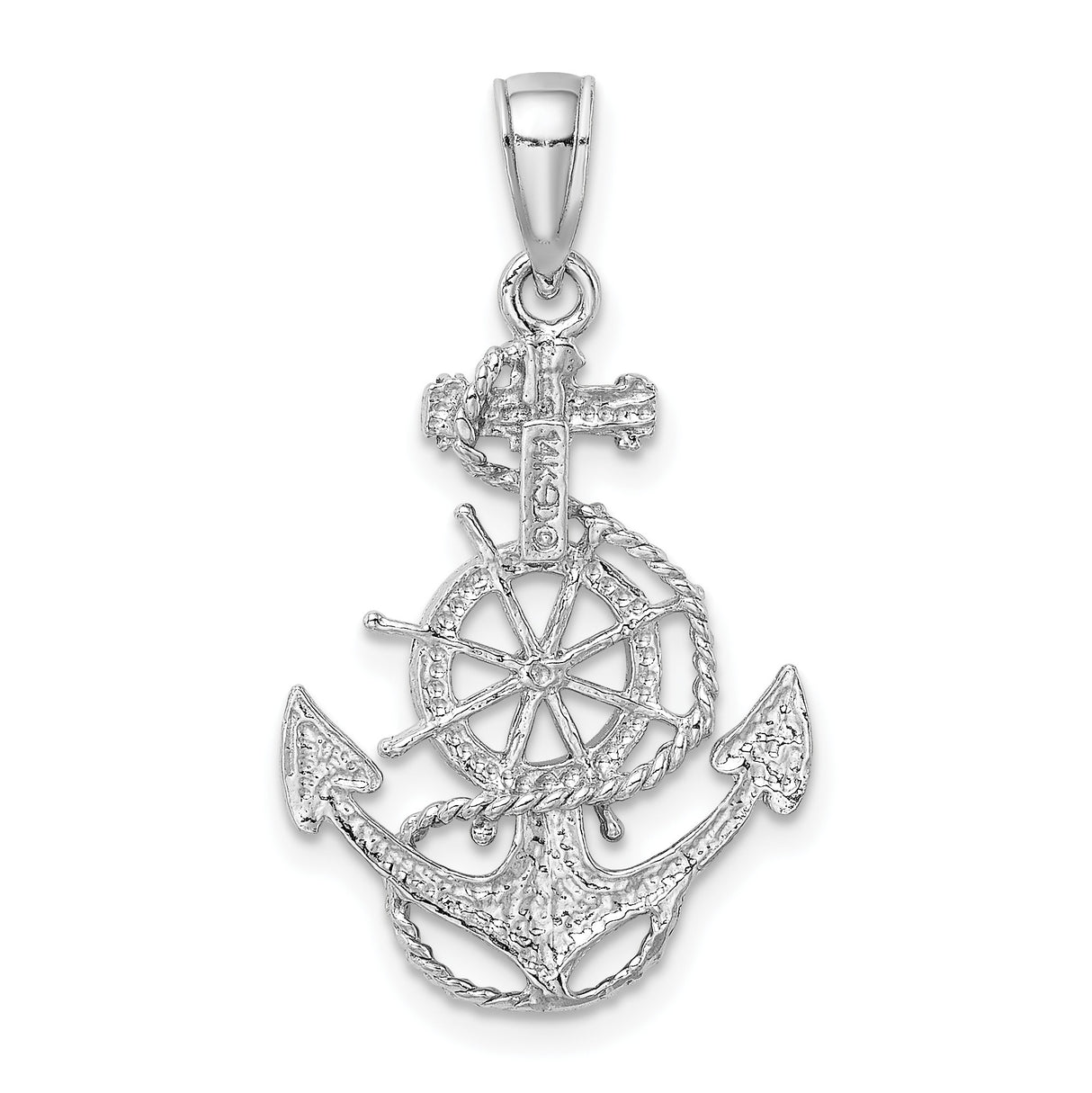 14k White Gold Anchor Ship Wheel Pendant with Nautical Rope Design