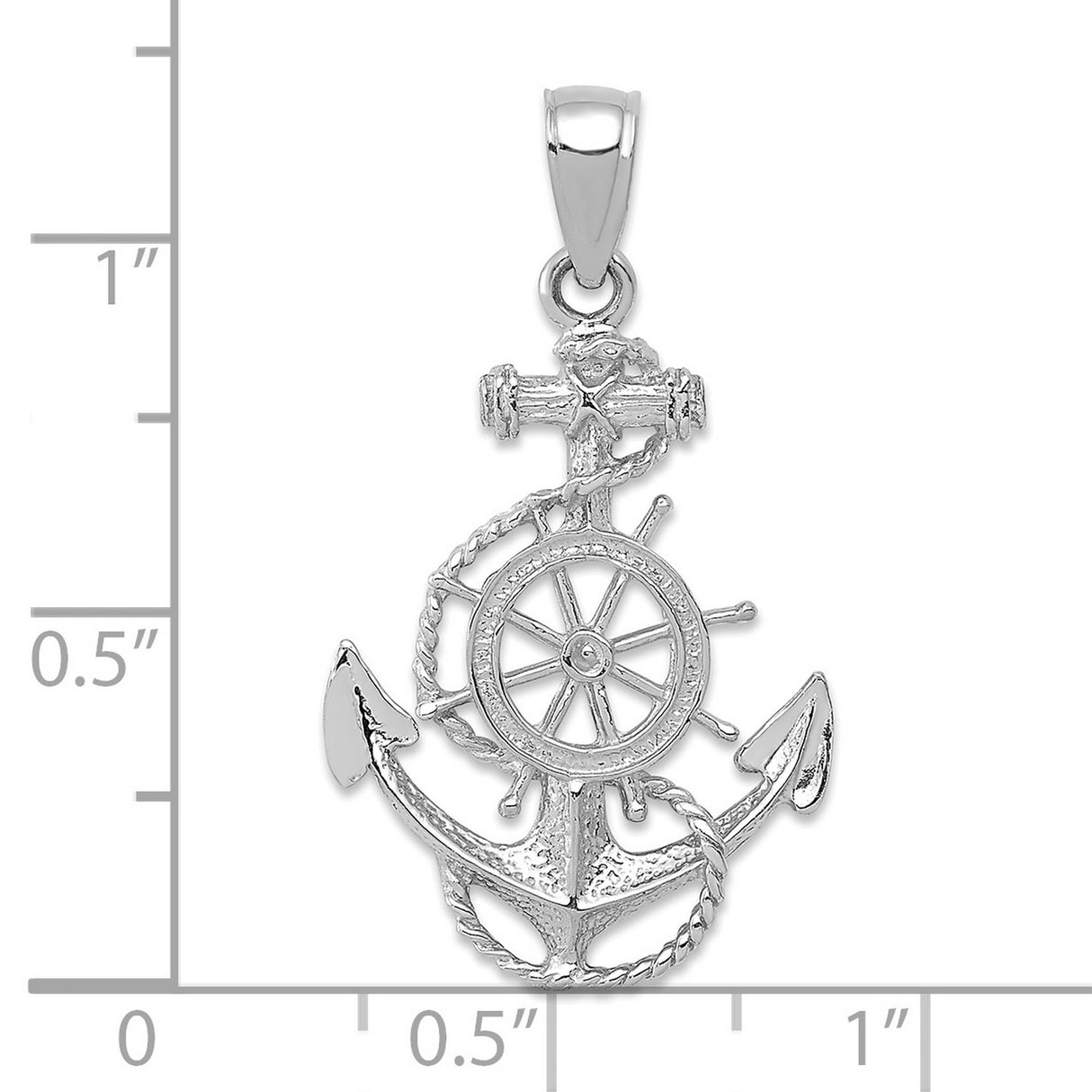 14k White Gold Anchor Ship Wheel Pendant with Nautical Rope Design