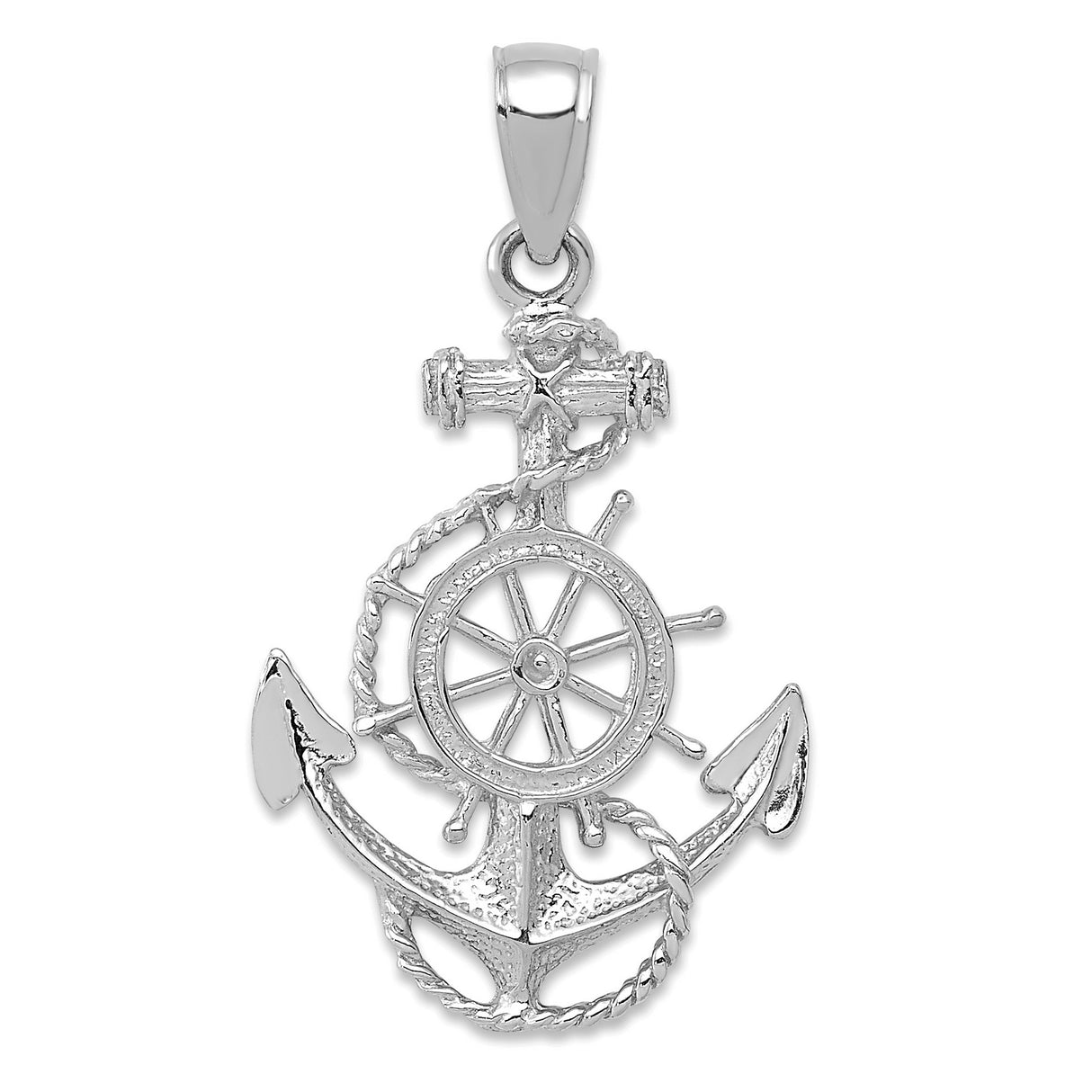 14k White Gold Anchor Ship Wheel Pendant with Nautical Rope Design