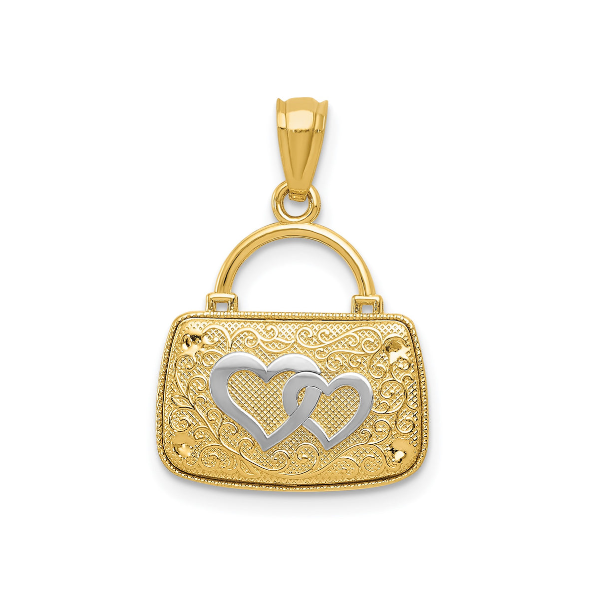14k Multi-Tone Gold Handbag Pendant with Quilted Purse Design and Heart Accent