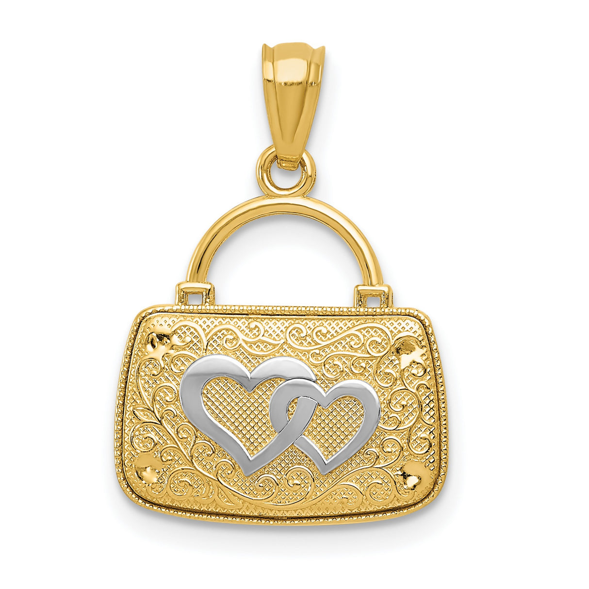 14k Multi-Tone Gold Handbag Pendant with Quilted Design and Heart Accent