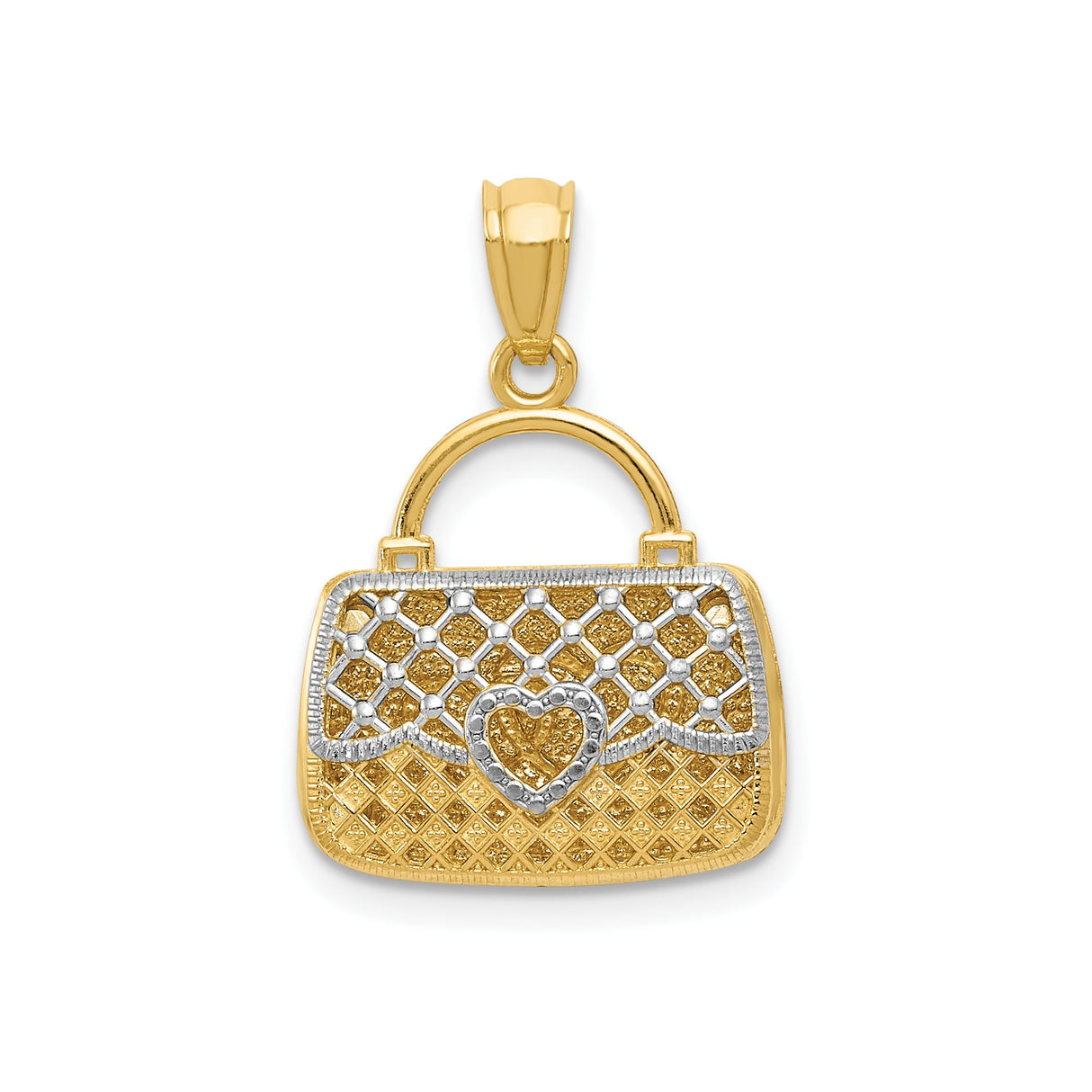 14k Multi-Tone Gold Handbag Pendant with Quilted Purse Design and Heart Accent