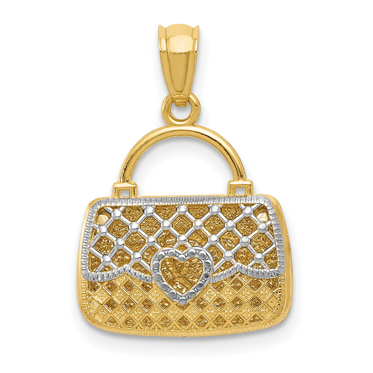 14k Multi-Tone Gold Handbag Pendant with Quilted Design and Heart Accent