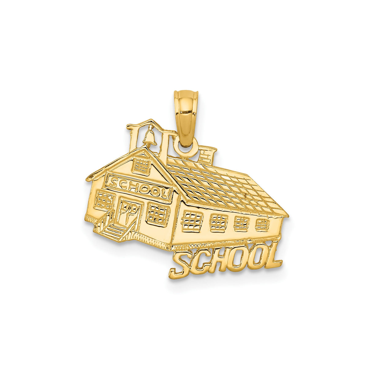 14k Yellow Gold Schoolhouse Pendant with Bell Design and SCHOOL Inscription