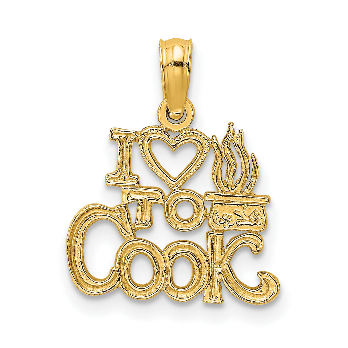 14k Yellow Gold Pendant with Heart and Cooking Pot Flame Detail, Culinary Chef Charm