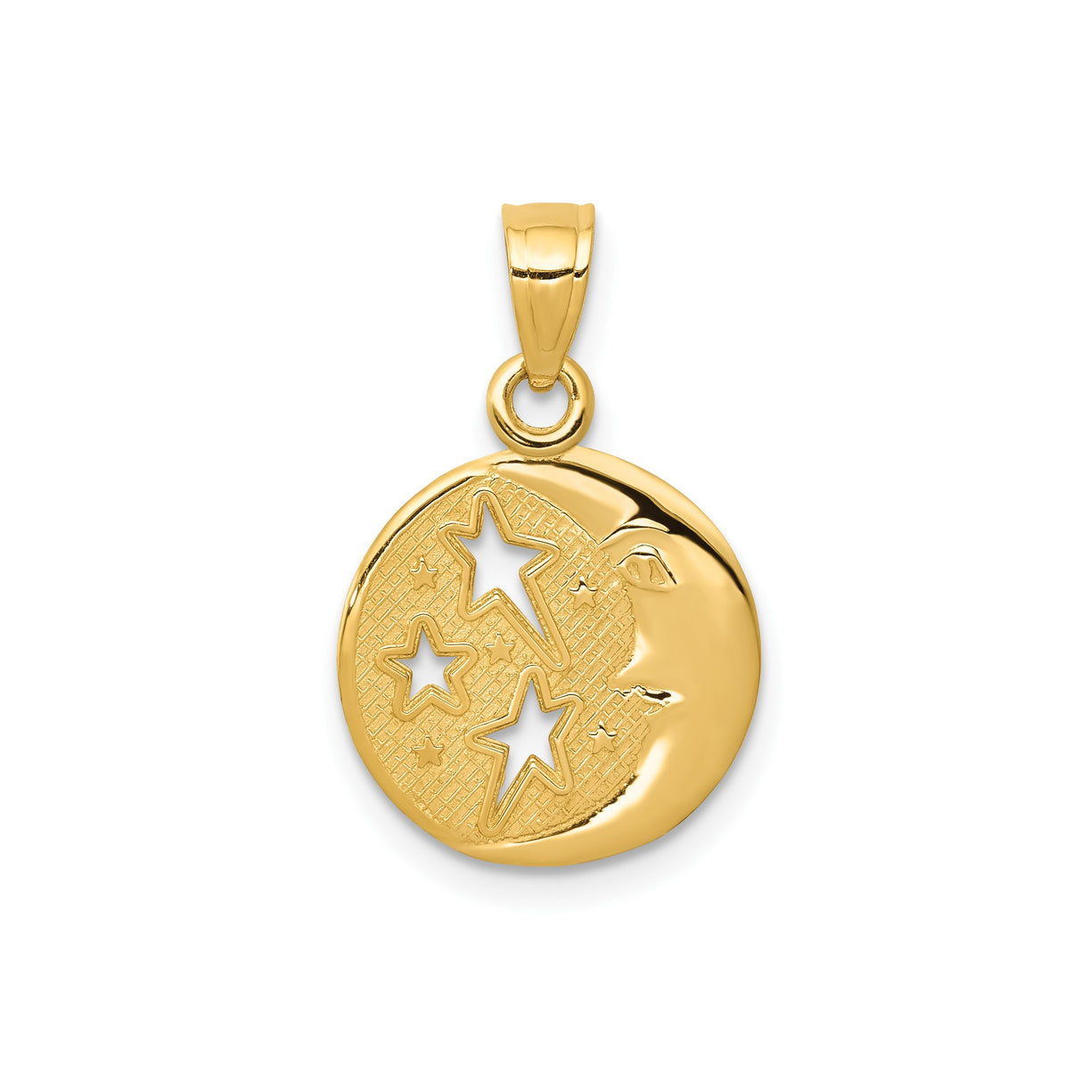 14k Yellow Gold Moon and Stars Pendant with Cutout Star and Crescent Moon Face Design