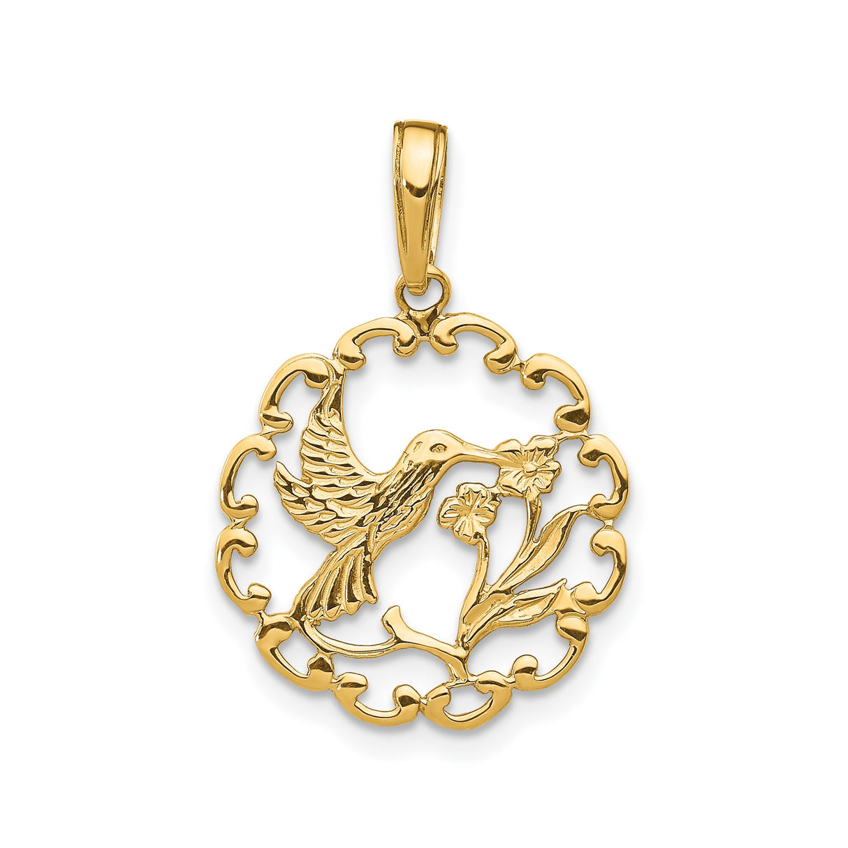 14k Yellow Gold Hummingbird Pendant with Floral Openwork Frame, Nature Inspired Charm