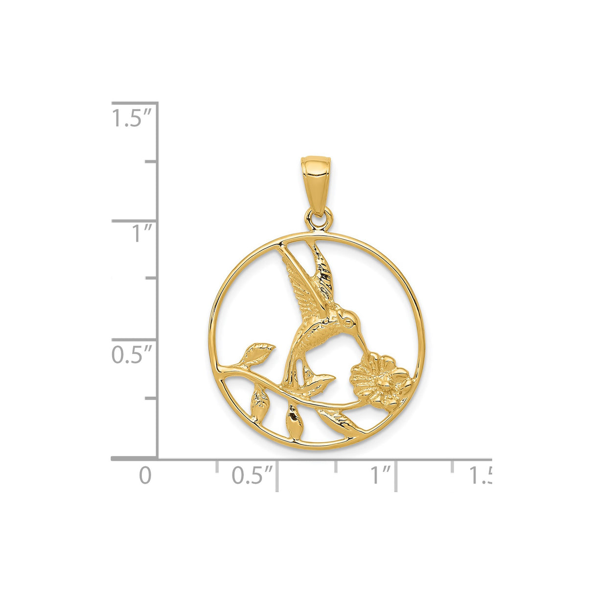 14k Yellow Gold Pendant with Hummingbird and Flower, Nature-Inspired Openwork Design for Women