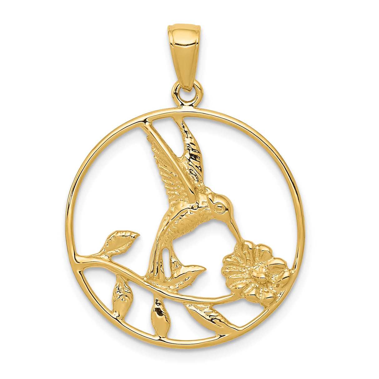 14k Yellow Gold Pendant with Hummingbird and Flower, Nature-Inspired Openwork Design for Women