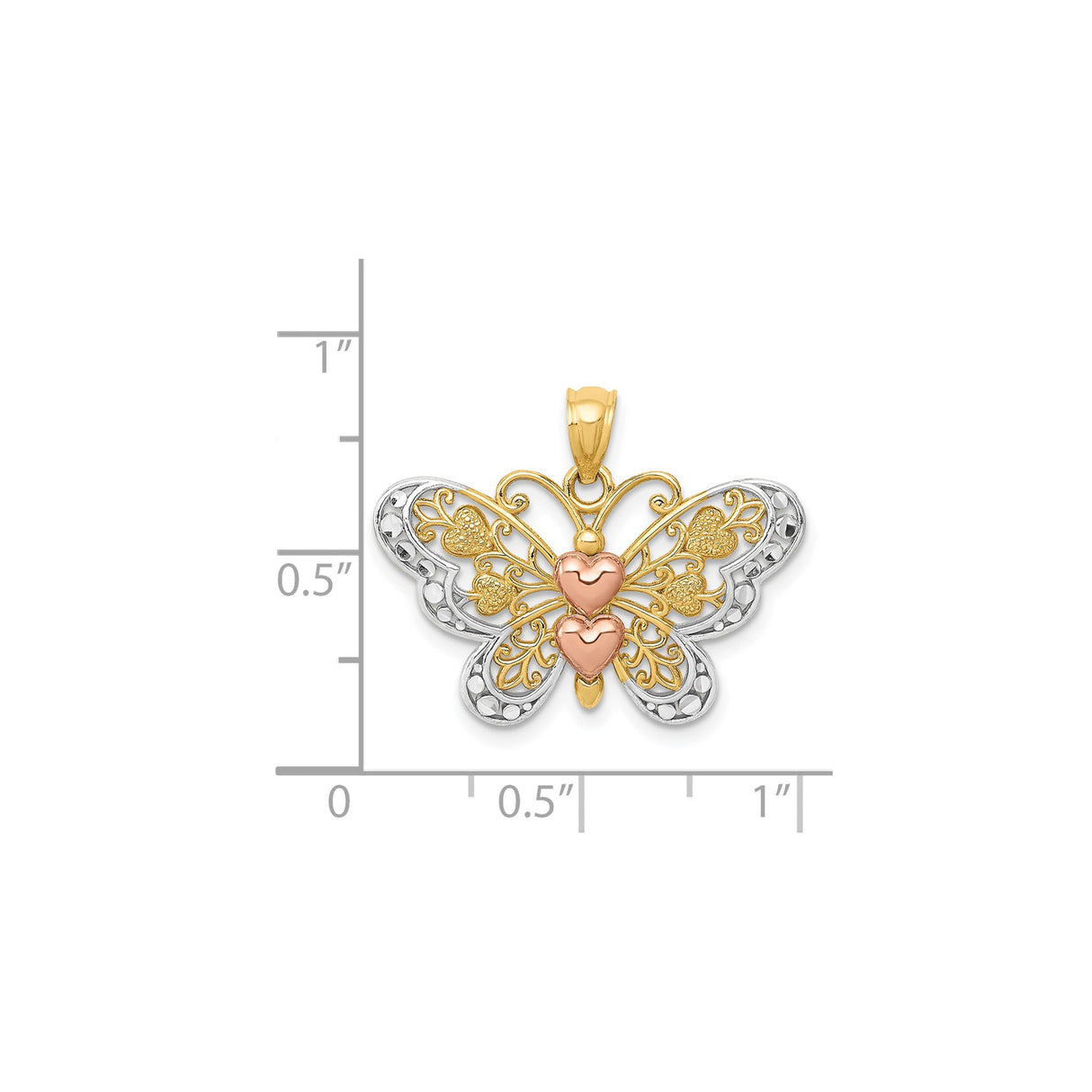 14k Two-Tone Gold Butterfly Pendant with Rose and Yellow Gold Hearts and Filigree Wings
